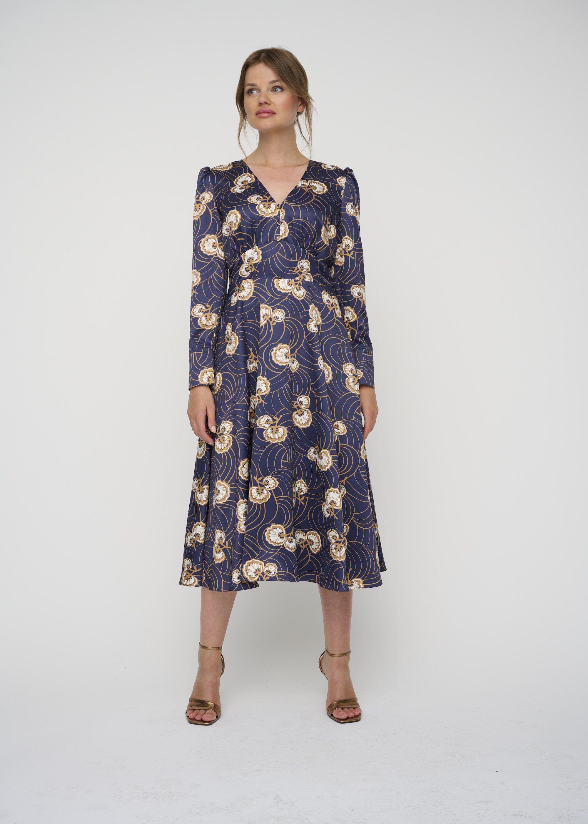 Kleo Abendkleid FIT & NOUVEAU glänzendem MIDI FLARE mit DRESS MIDNIGHT in Satin Blumenprint