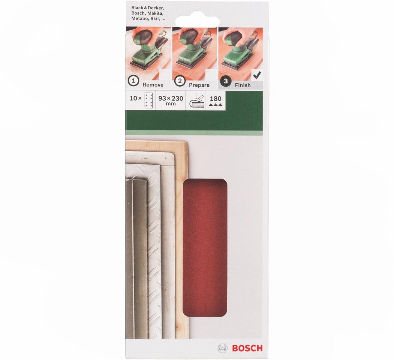 BOSCH Schleifpapier Schleifblatt Klett 10 x, 93 x 185 mm, Körnung 180 für Schwingschleifer