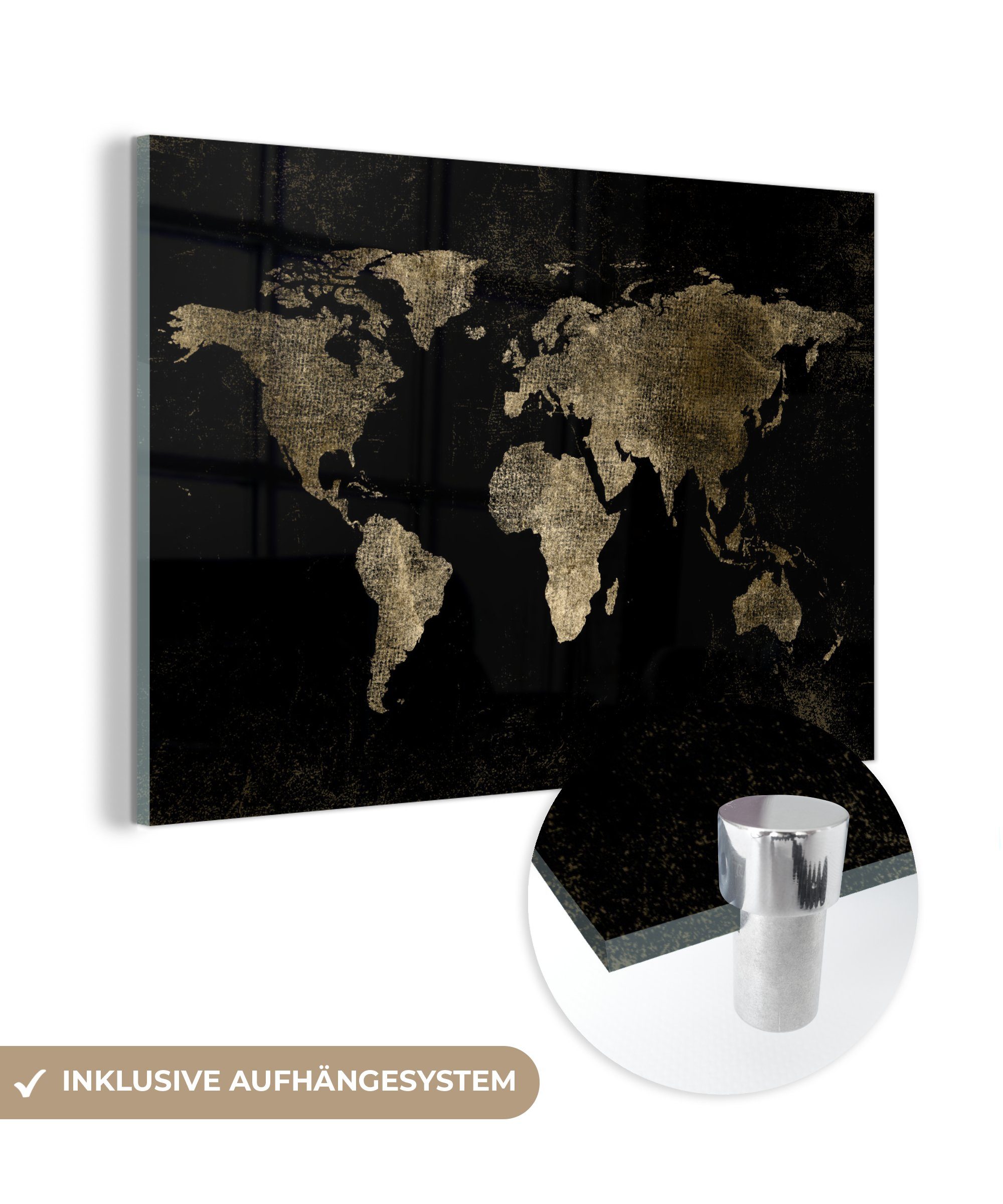 MuchoWow Acrylglasbild Weltkarte - Schwarz - Gold, Weltkarte - Gold (1 St), Glasbilder - Bilder auf Glas Wandbild - Foto auf Glas - Wanddekoration