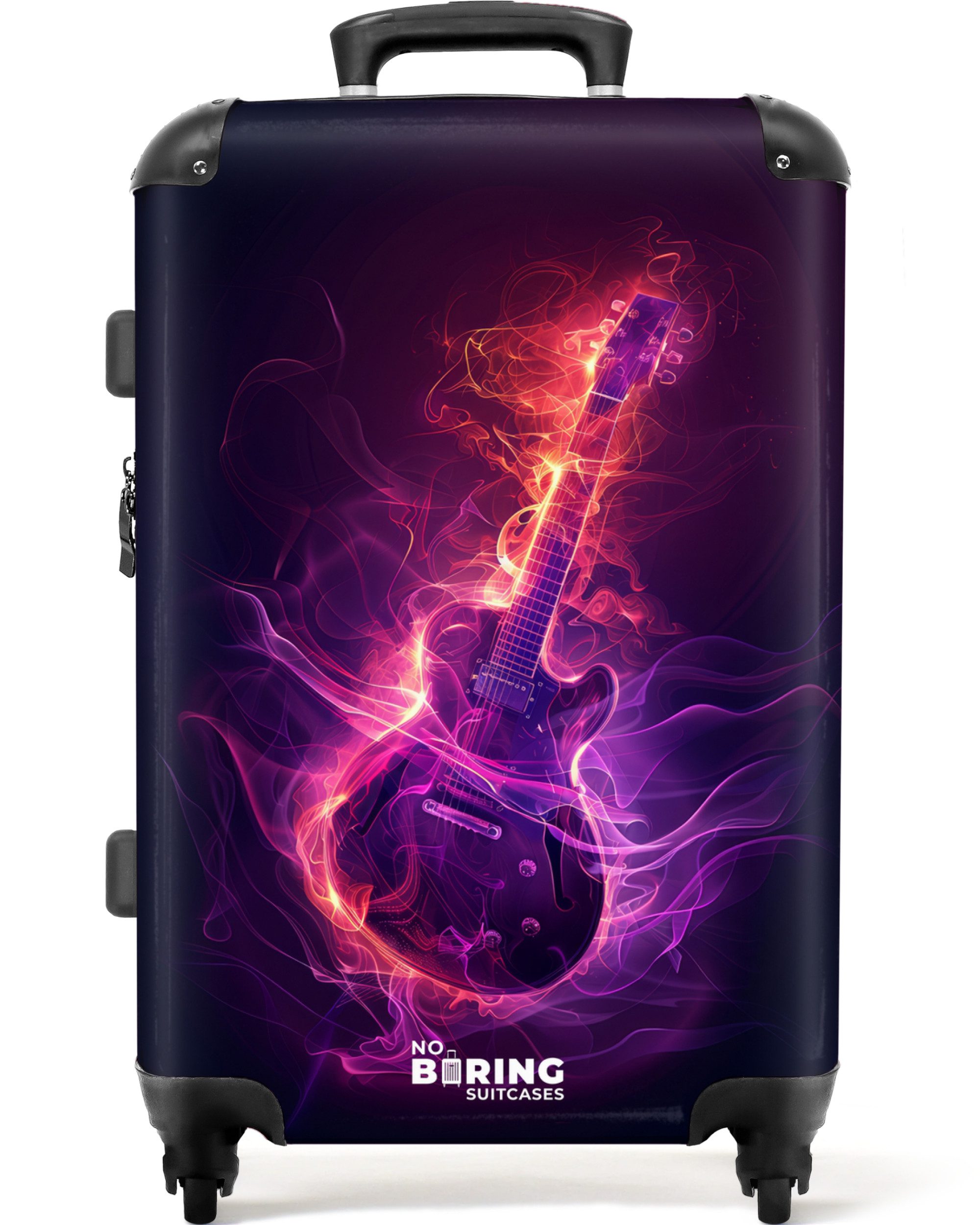 NoBoringSuitcases.com© Kinderkoffer mit leuchtende Räder - Gitarre - Feuer - Musik 67 cm - 72 L, 4 Rollen, Koffer Mittelgroß für 20kg, Suitcase für Erwachsene, Reisekoffer