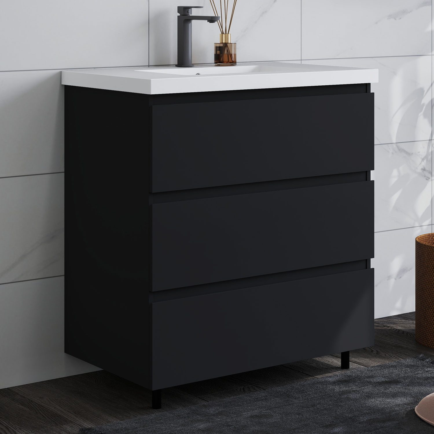 duschspa Waschtisch Badmöbel Set Waschbecken mit Unterschrank Badezimmer Möbel Schrank (Hängeschrank, mit Schrankfüße), 80/100cm breit