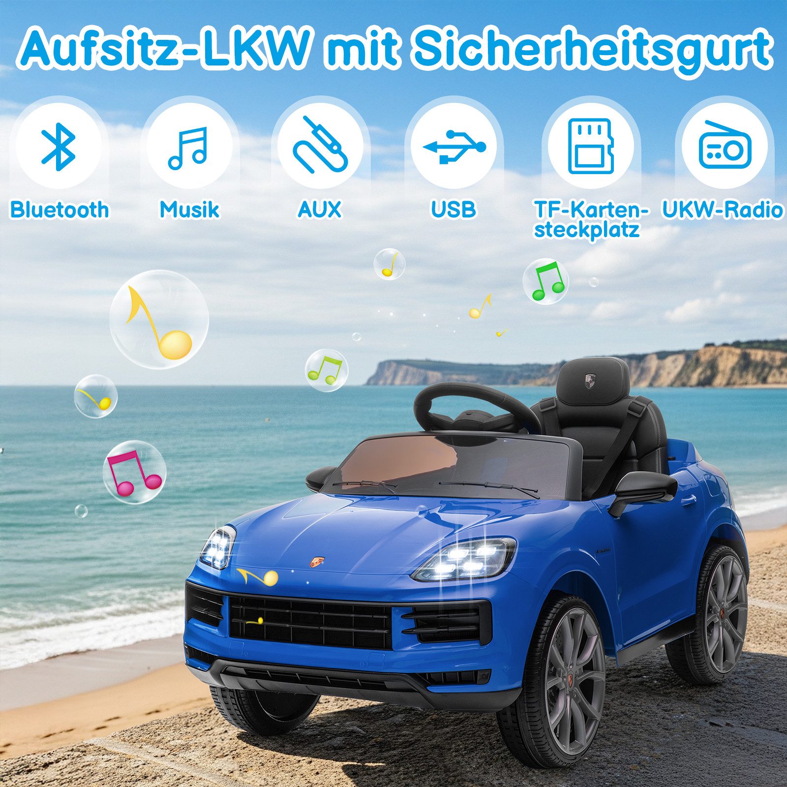 LALAHO Elektro-Kinderauto Kinder Elektroauto Porsche Cayenne Geländewagen Fernsteuerung, 2,4G-Fernbedienung, mit MP3, Musik, Hupe, LED-Leuchten