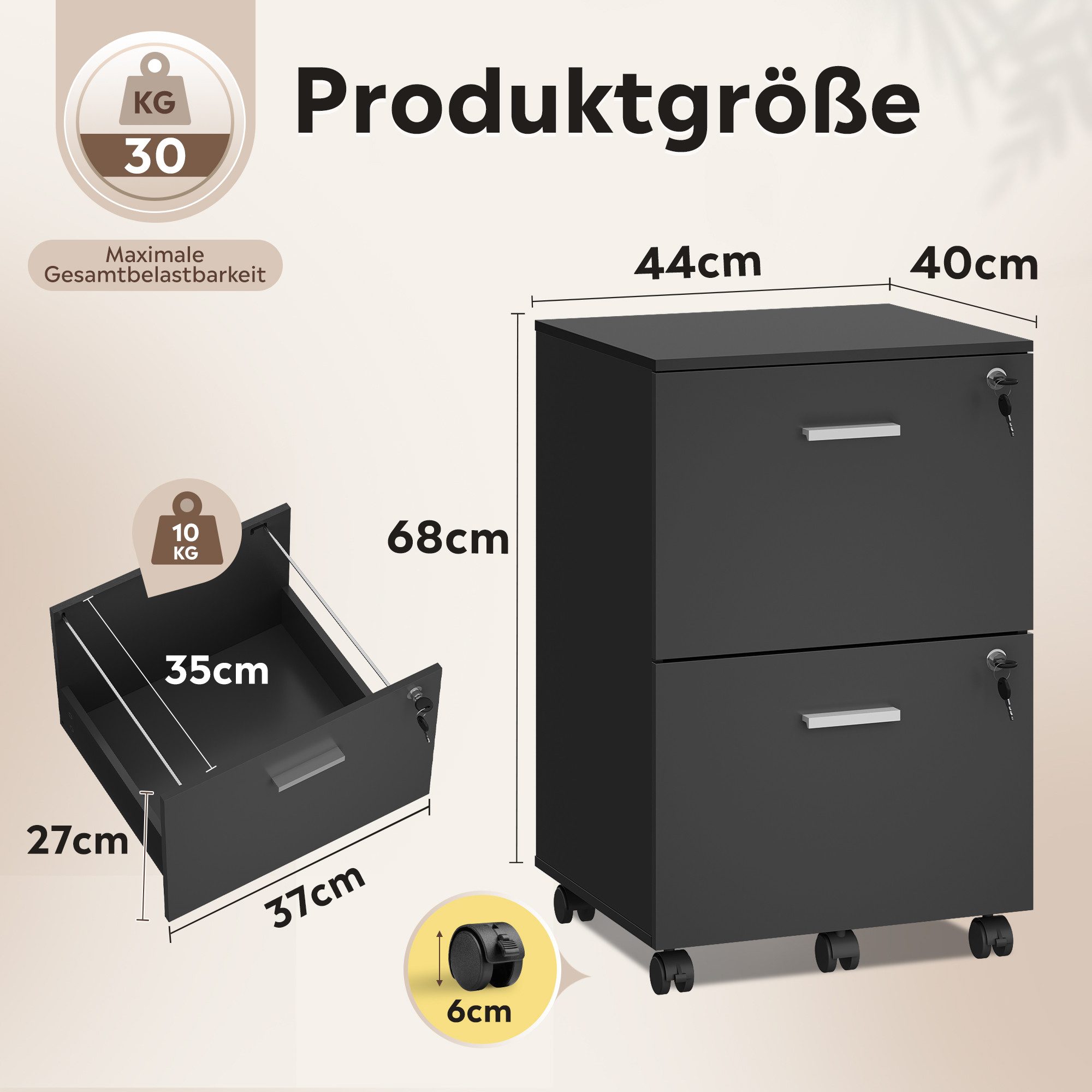 DEVAISE Rollcontainer mit Schubladen, Aktenschrank abschließbar für DIN A4/Legal/Letter, Büroschrank mit Rollen, Druckerständer, Schwarz, 44×40×68 cm