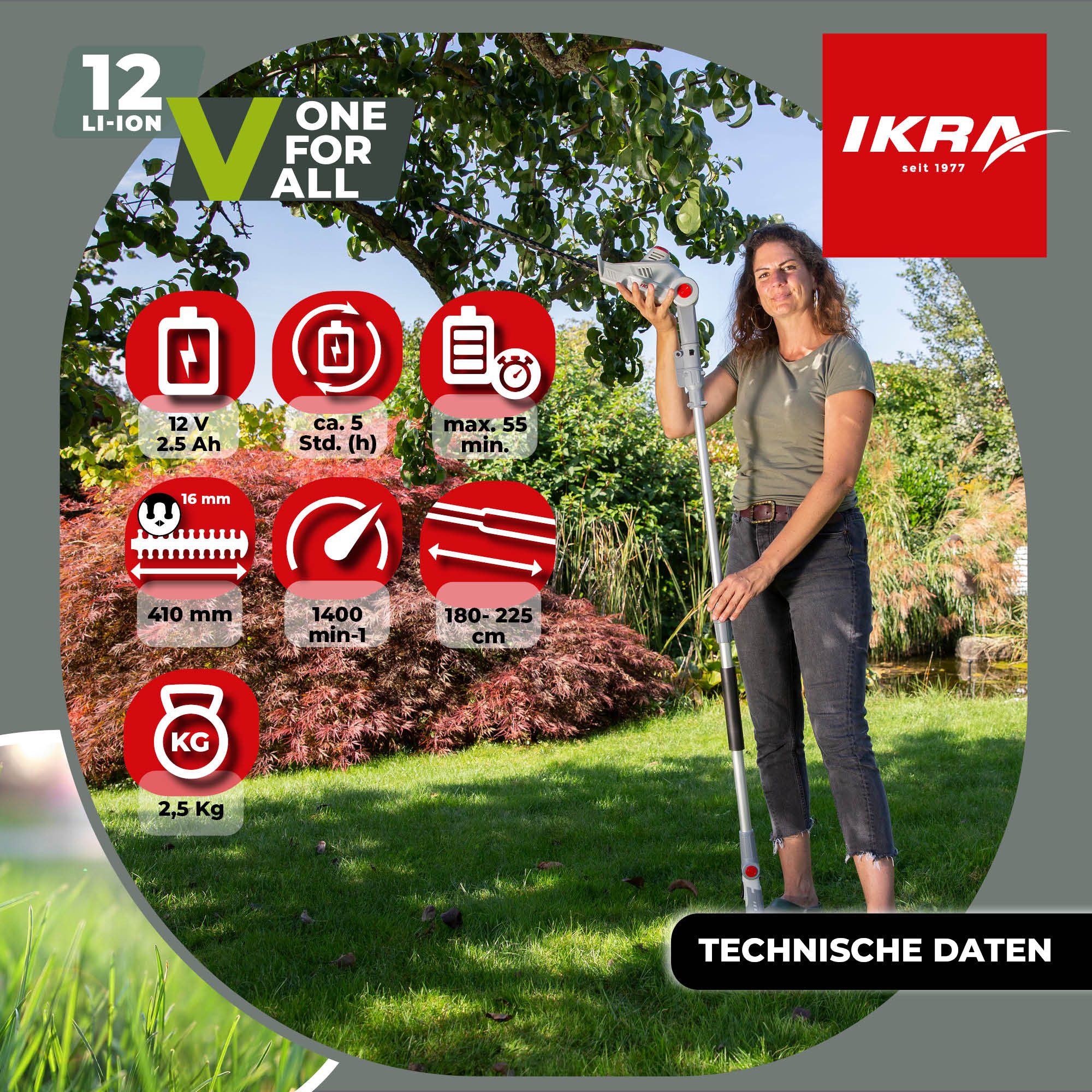 ikra GmbH Teleskop-Heckenschere IATHS 1241, bis 3,50 m Arbeitshöhe, 12 V, Teleskopstiel 1,80–2,35m, Winkelverstellung bis 135° – Bild 5 von 5