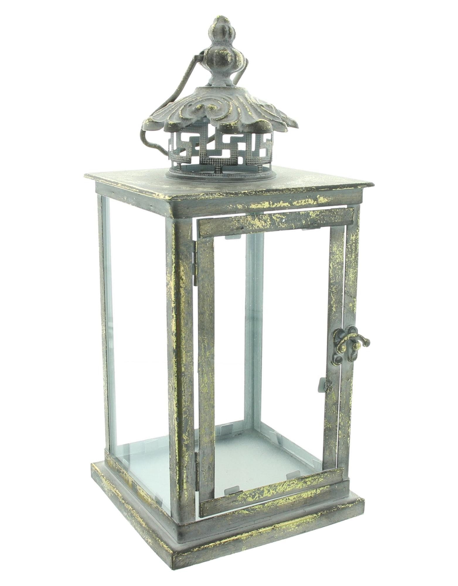 Dekoleidenschaft Kerzenlaterne "Antik" Metall & Glas, grau gold, 31 cm hoch, Kerzenständer, Windlicht, Kerzenhalter, Gartenlaterne