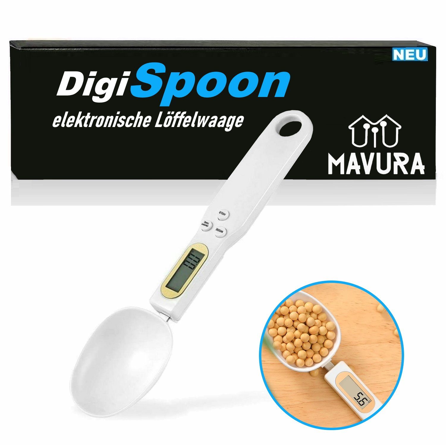 MAVURA Löffelwaage DigiSpoon Digitale Löffelwaage mit LCD Anzeige, Messlöffel elektronische Küchenwaage 0,1 Gramm genau | Küchenwaagen