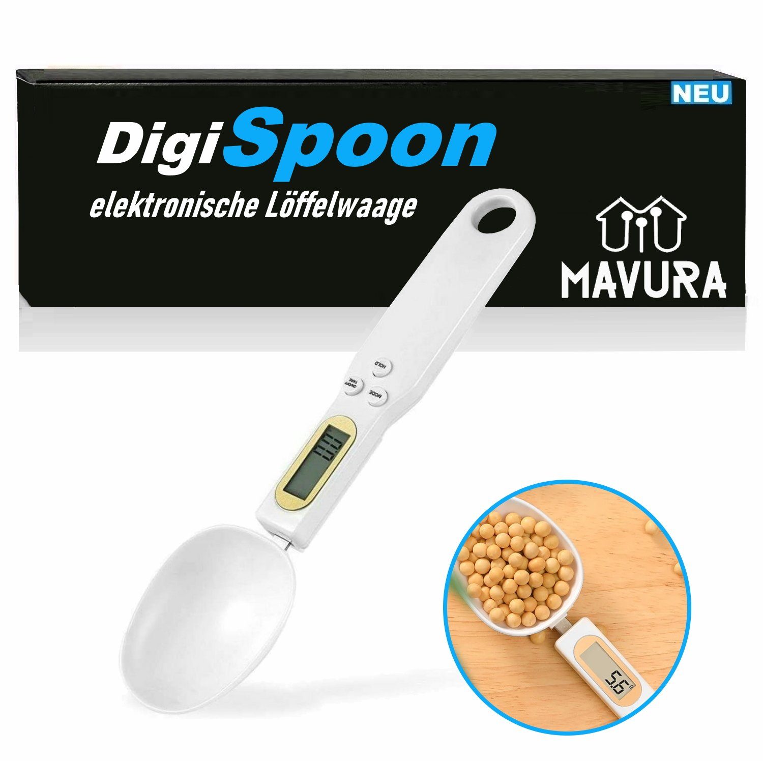 MAVURA Löffelwaage DigiSpoon Digitale Löffelwaage mit LCD Anzeige, Messlöffel elektronische Küchenwaage 0,1 Gramm genau