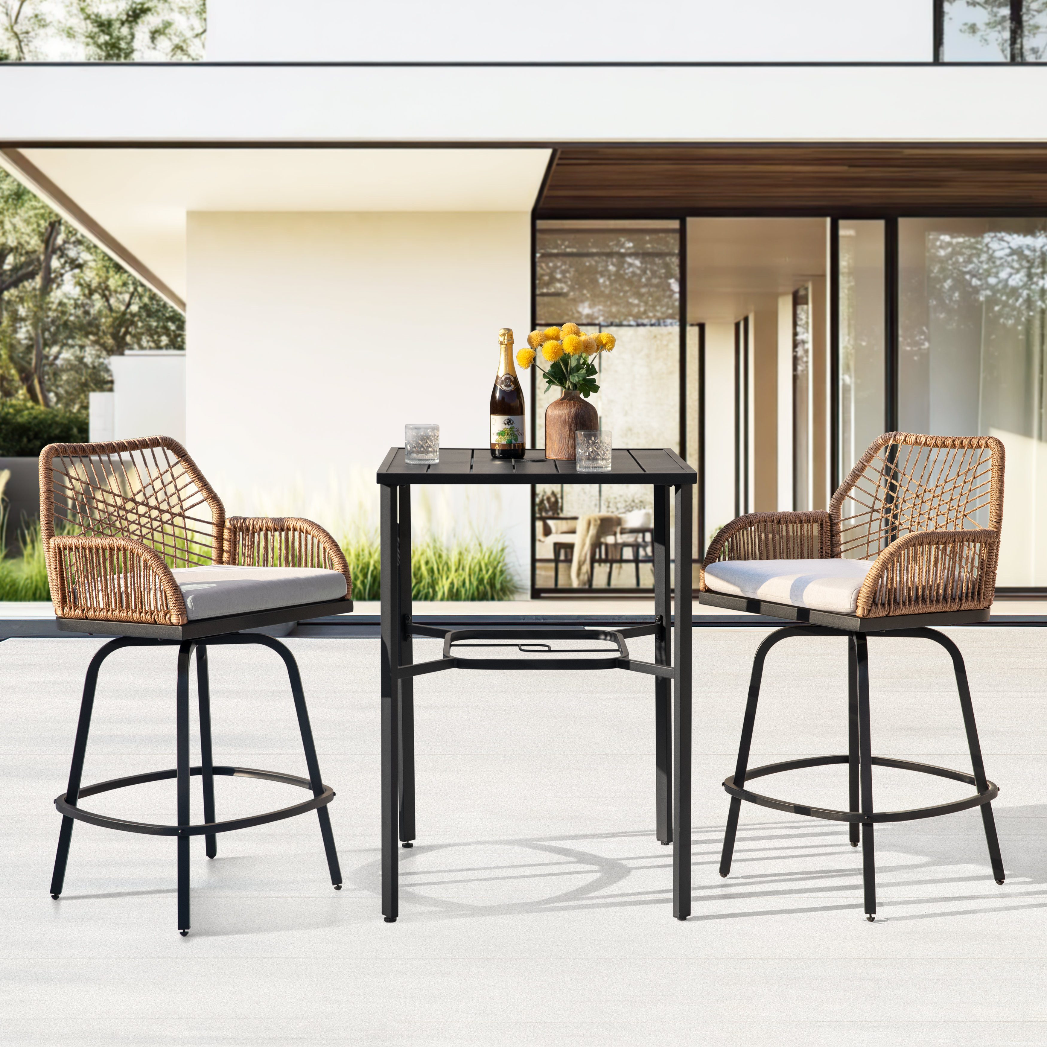 Avestar Balkonset Terrassen-Gartenbar-Set mit Bartisch, (3-tlg), 2 drehbare Barhocker aus Rattan mit Kissen, 4,3 cm Schirmloch