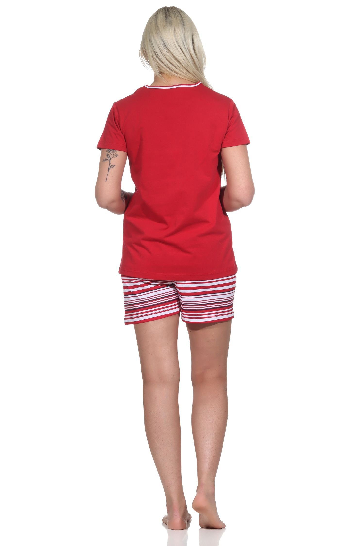 Pyjama Pyjama Shorty Normann Damen und Anker-Motiv rot mit gestreiften Shorts