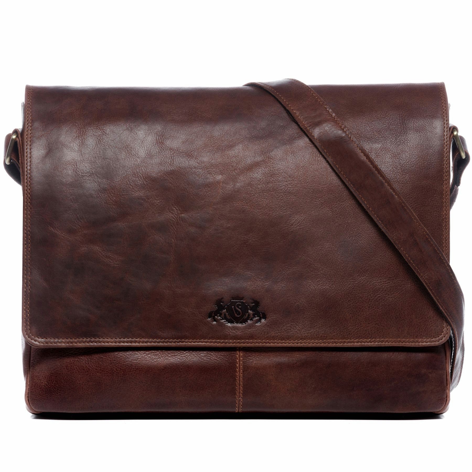 SID & VAIN Messenger Bag SPENCER XL groß Laptop-Tasche 15 Zoll echt Leder, Umhaengetasche Laptop Fach Herren Damen Schultertasche braun