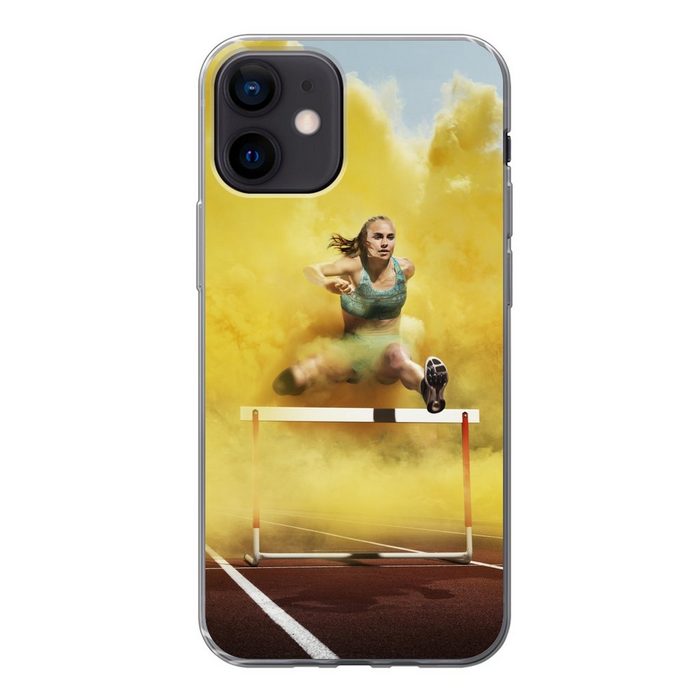 MuchoWow Handyhülle Sportler springt durch gelben Rauch Handyhülle Apple iPhone 12 Smartphone-Bumper Print Handy