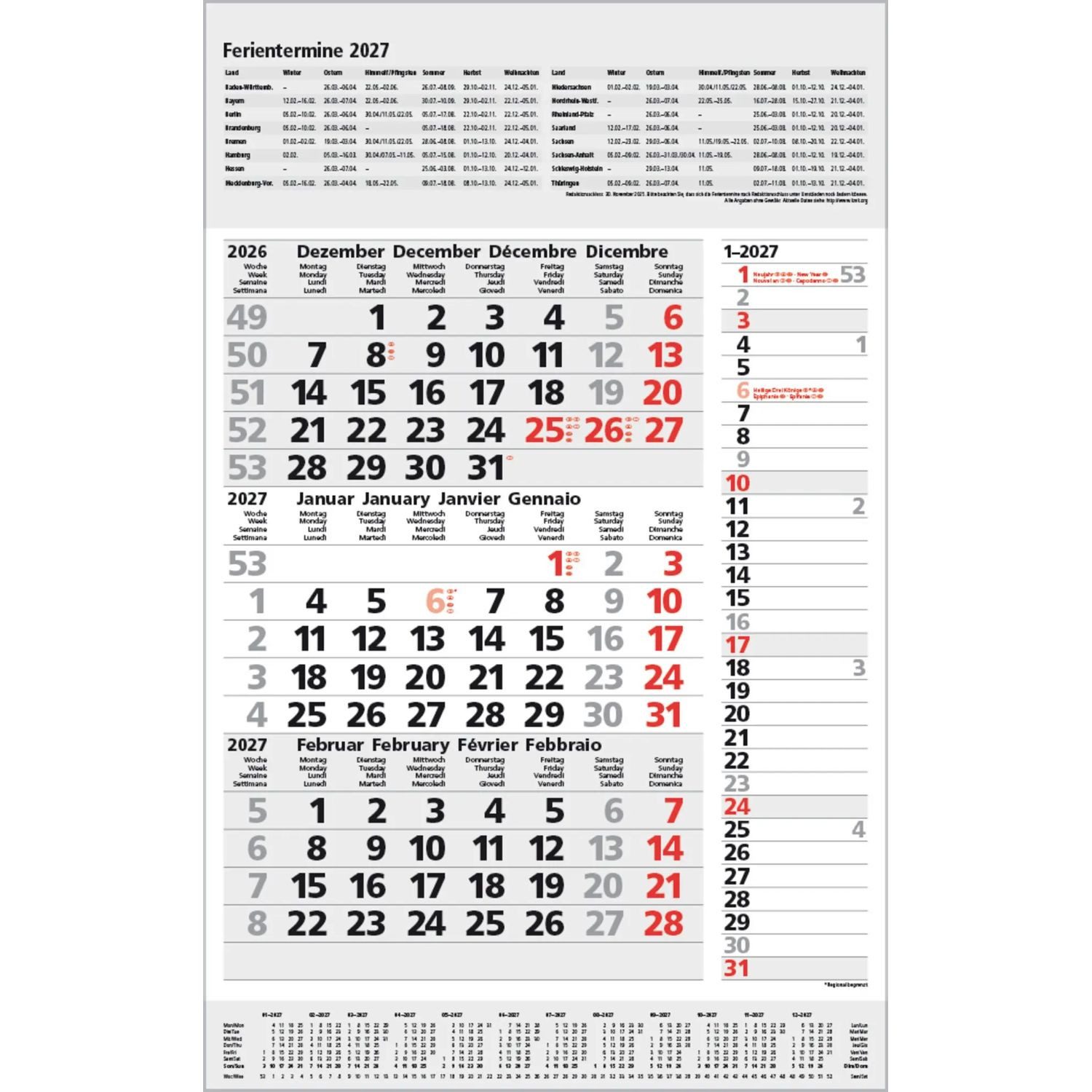 Wandkalender 3-Monats-Planer Combi Grau 2027