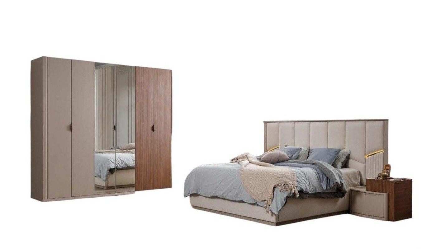Schlafzimmer-Set Große Beige Schlafzimmer Garnitur Doppelbett 2x Nachttische Schrank