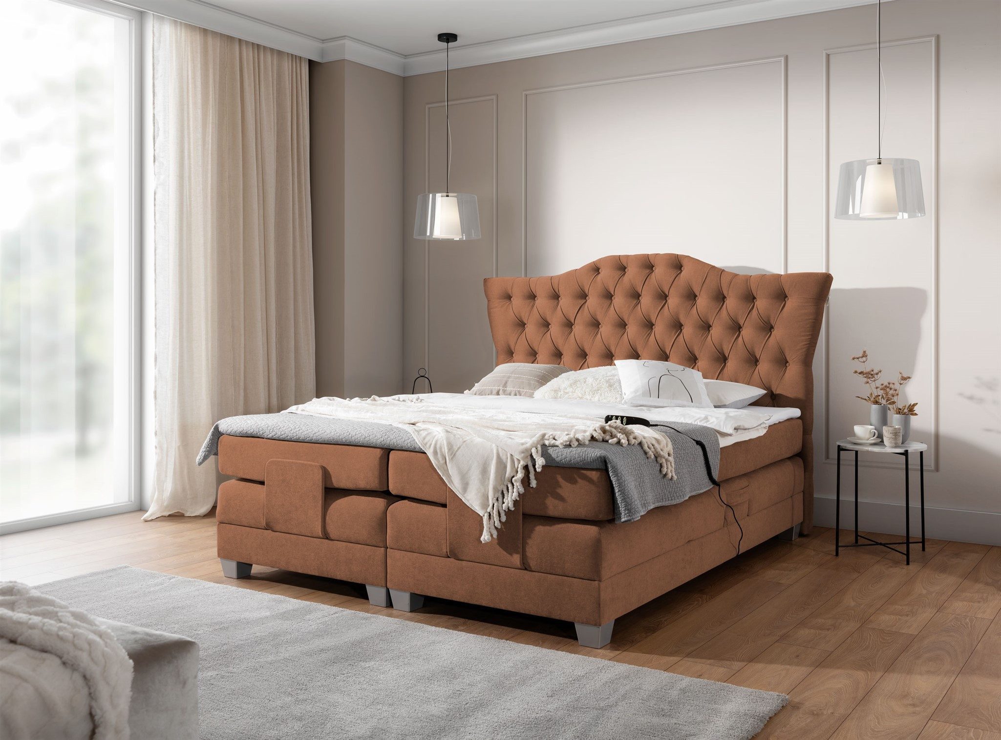 DB-Möbel Boxspringbett Schlafzimmerbett "FAUSTINO" Elektrisch in Stoff Wind (inkl. Viscoschaumtopper), Matratzen elektrisch verstellbar)