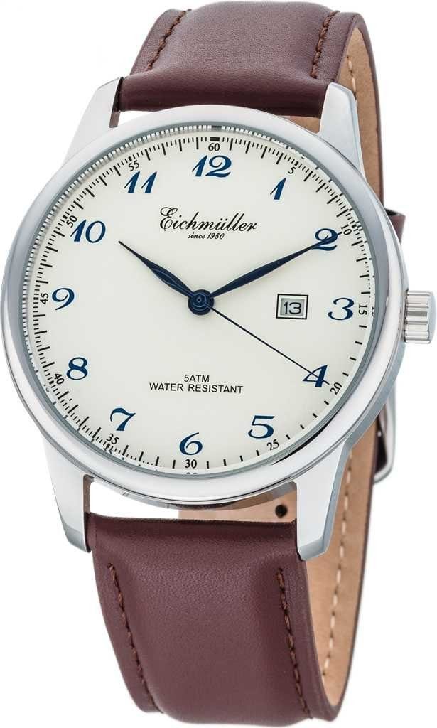 Eichmüller Quarzuhr Herrenuhr RE1060 Edelstahl weiss-braun Lederband 42 mm