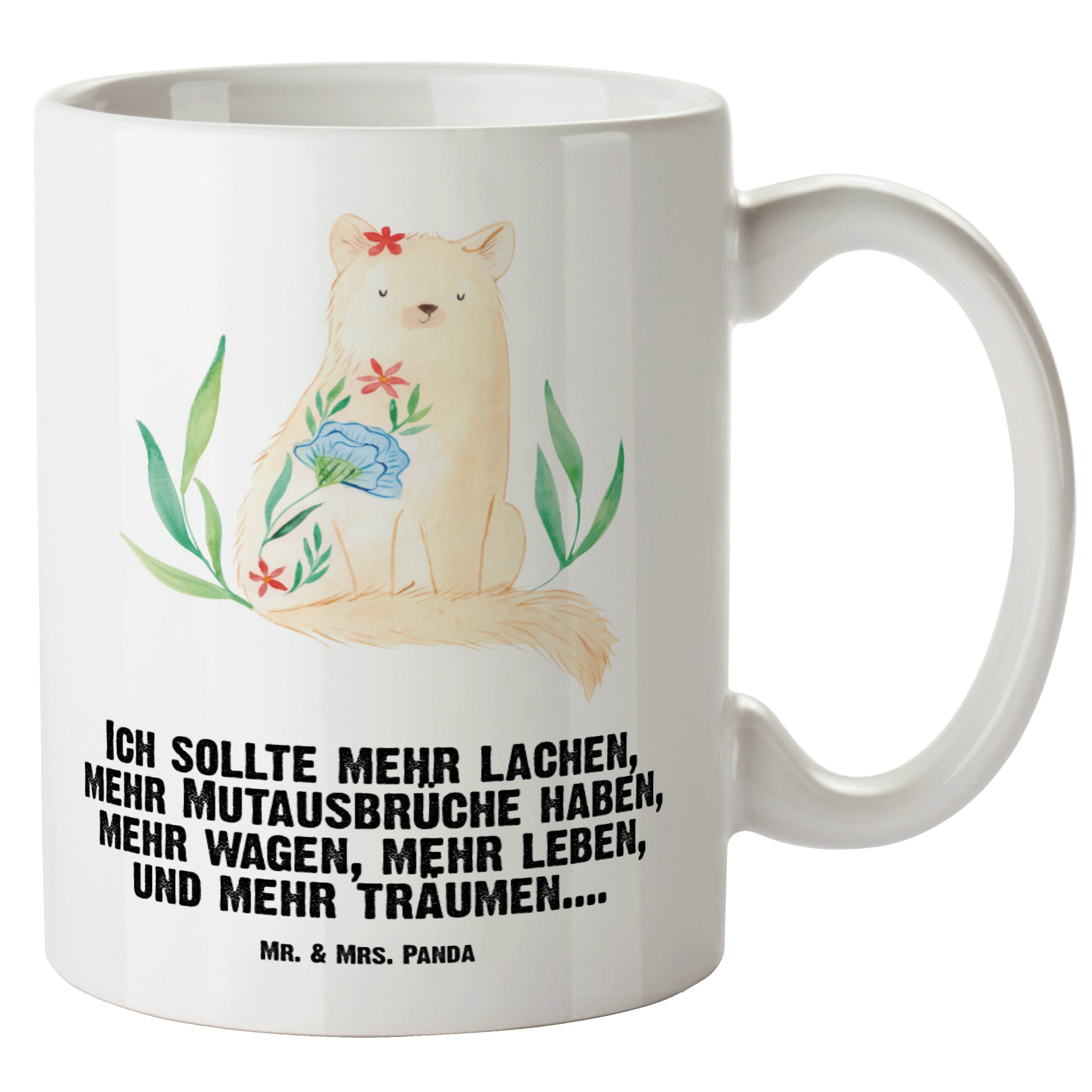 Mr. & Mrs. Panda Tasse Katze Blumen - Weiß - Geschenk, Katzenprodukte, Katzenfan, Grosse Kaf, XL Tasse Keramik