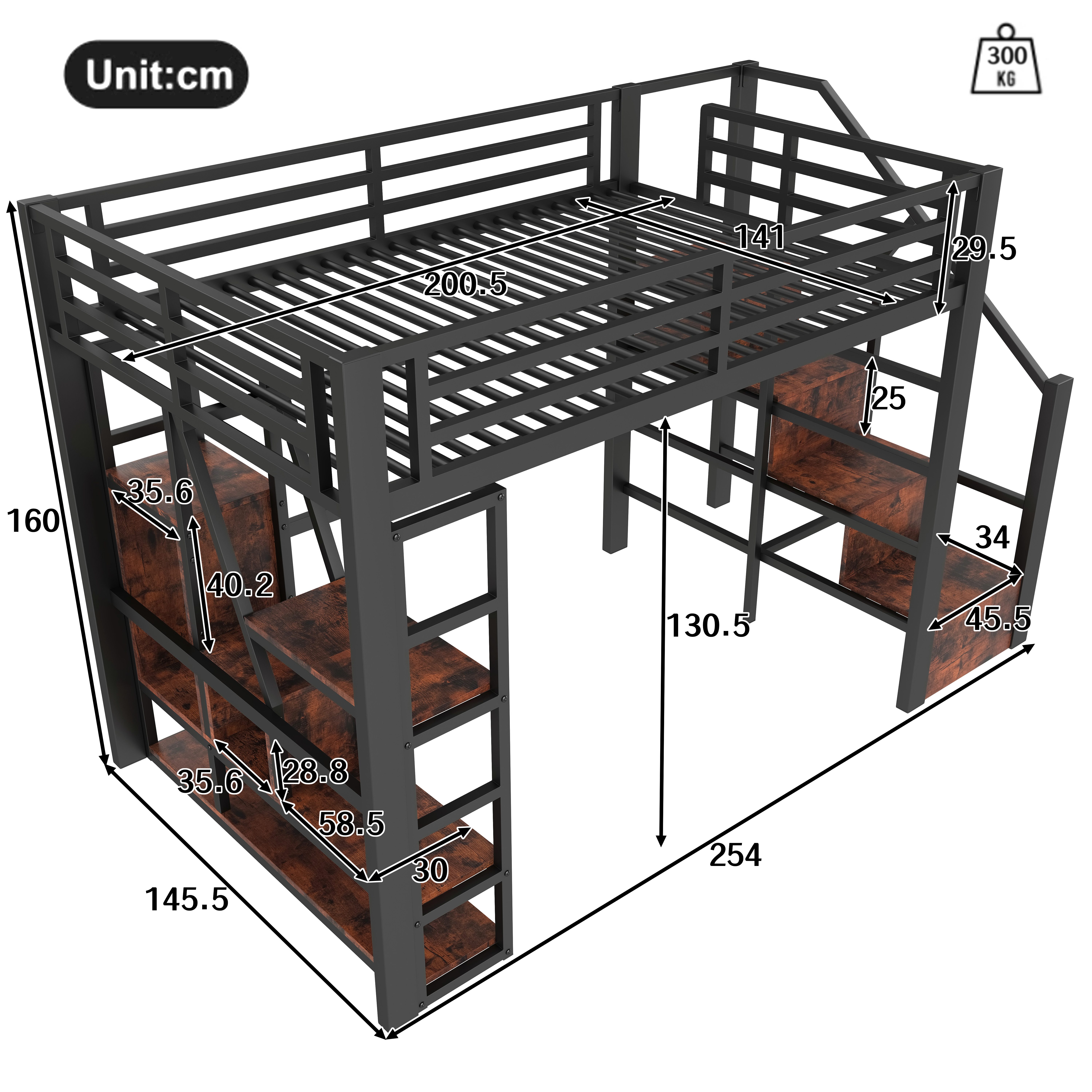 TavilaEcon Hochbett 140×200 cm mit LED-Beleuchtung und Leiter, ohne Matratze (1-St) Metallbett Kinderbett mit Ablagefächern, Geländer, Stauraum unter Bett – Bild 4 von 5