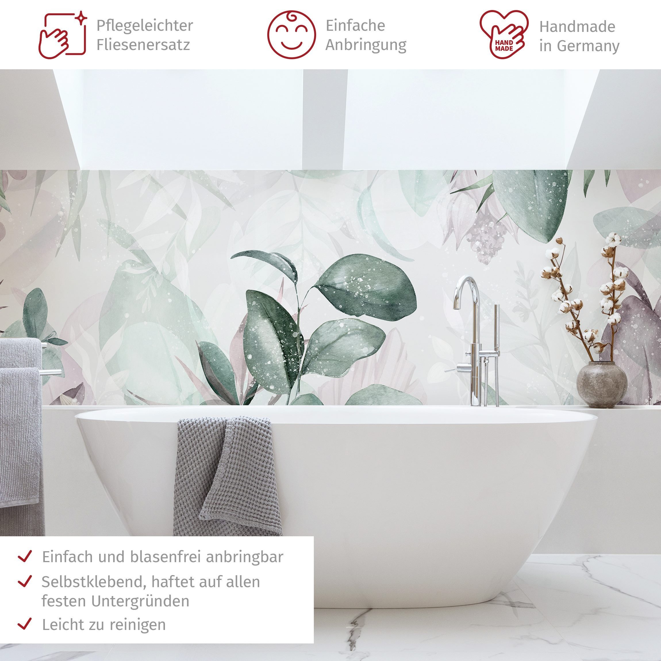 Bilderdepot24 Badrückwand grün fugenlose Wandverkleidung Bad Tropisch, (Hartfolie matt » Selbstklebend SMART 0,35 mm), wasserfestes Wandpaneel Botanik Pastell Grün Rosa