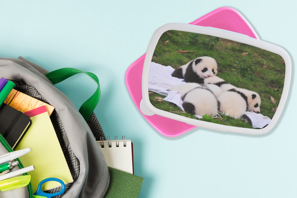 MuchoWow (2-tlg), Decke, - Erwachsene, - Pandas Kunststoff, Brotdose rosa Lunchbox Mädchen, Snackbox, für Gras Kinder, Brotbox Kunststoff