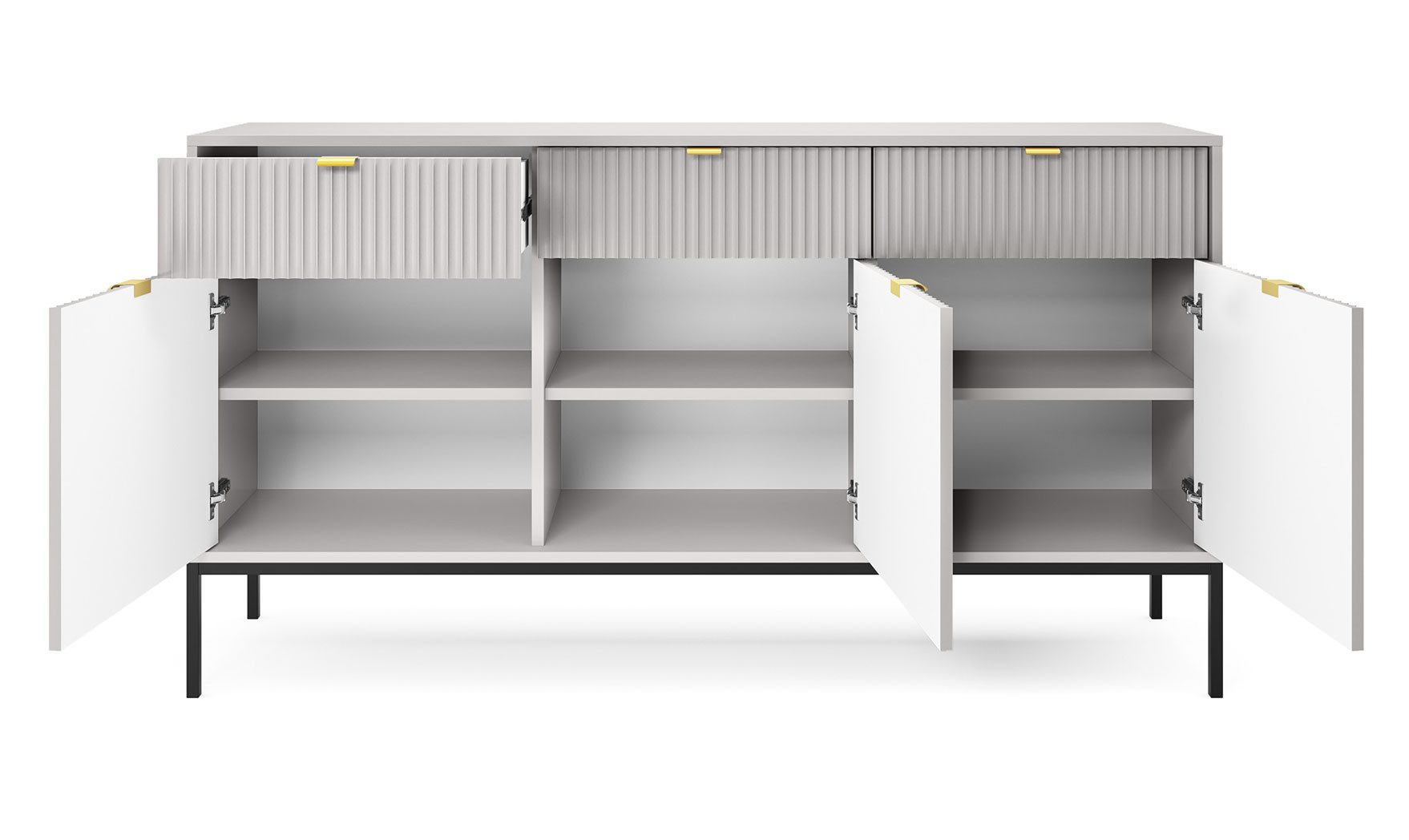 Feldmann-Wohnen Sideboard Nova (3-türig, 3 Einlegeböden, 3 Eimlegeböden, 3 Schubladen, 1 St., moderner Optik, mit geriffelten Front, goldene Metallgriffe), 154cm grau 3-türig MDF