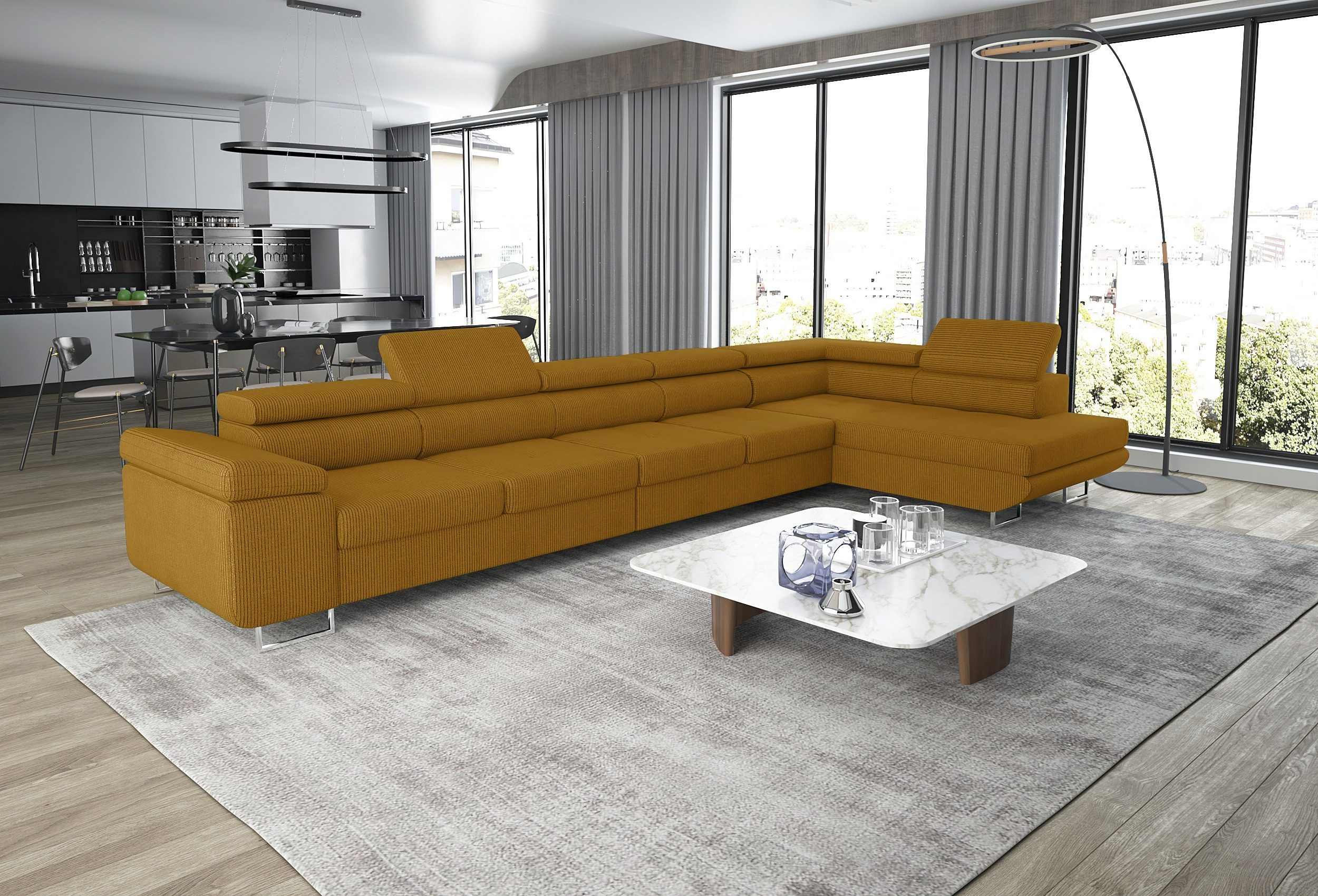 thematys Ecksofa ASTON MAXI 405 x 203cm mit Schlaffunktion & Bettkasten –, L-Sofa mit 5 verstellbaren Kopfstützen, Samt (Monolith), Cord (Poso) - L-Form, XL-Wohnlandschaft, 405 cm breit
