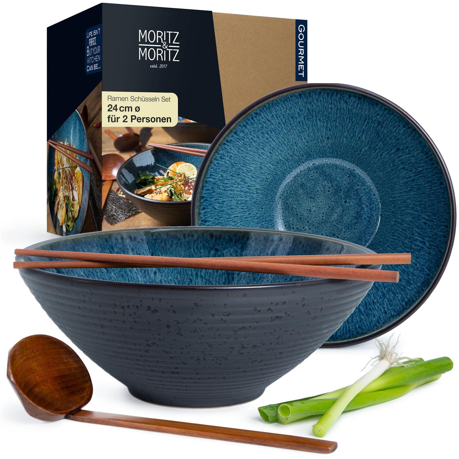 Moritz & Moritz Suppenschüssel Moritz & Moritz SOLID 2x Ramen Blau mit Rillen, Keramik, (2er Set, 6-tlg), Ramen Bowl Set für 4 Personen