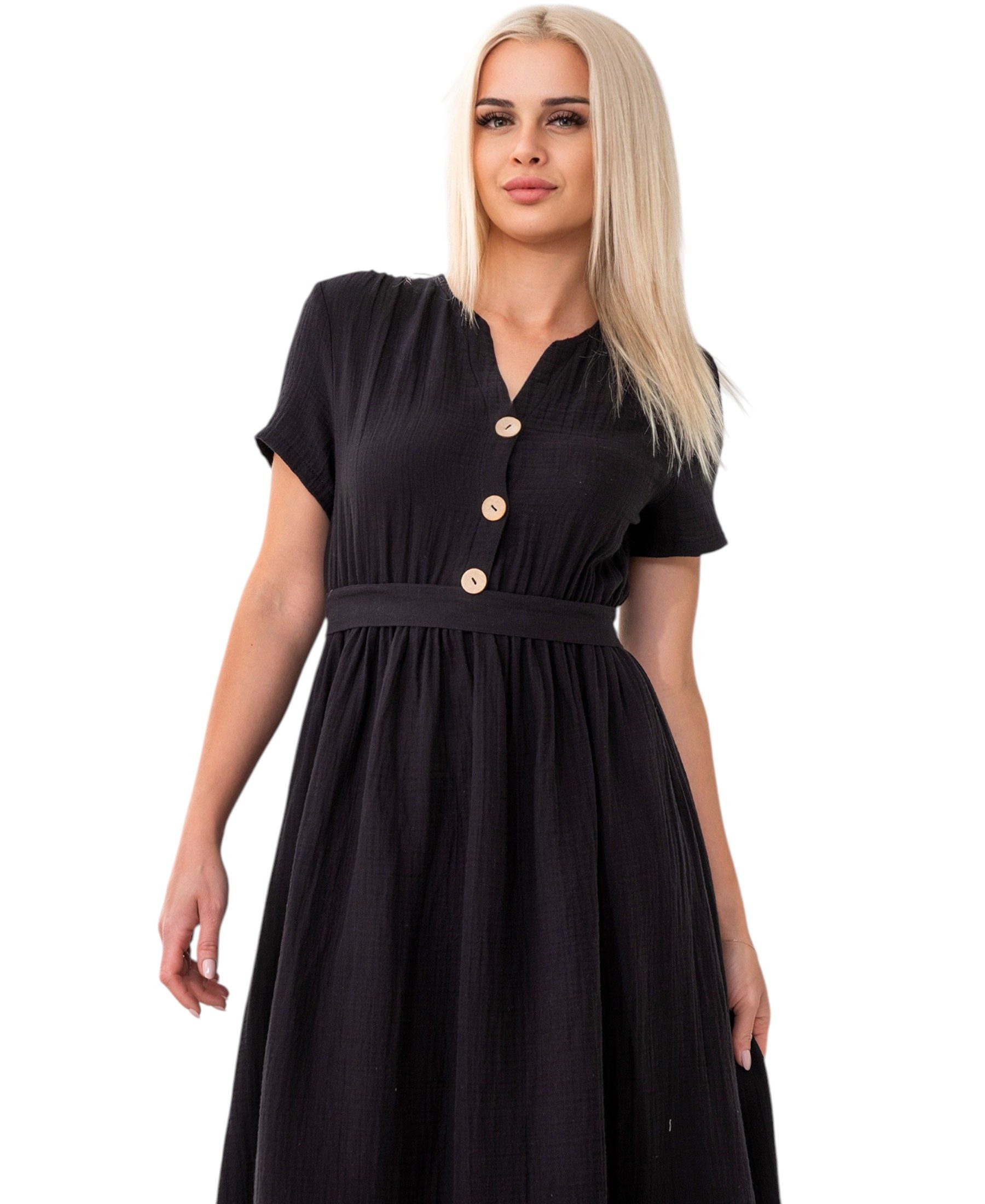 WENOR Sommerkleid Musselin Boho Kleid mit Knopfleiste & Taillenband, Freizeitkleid (1-tlg) Vorn mit Holzknöpfen, Bindegürtel an der Taille