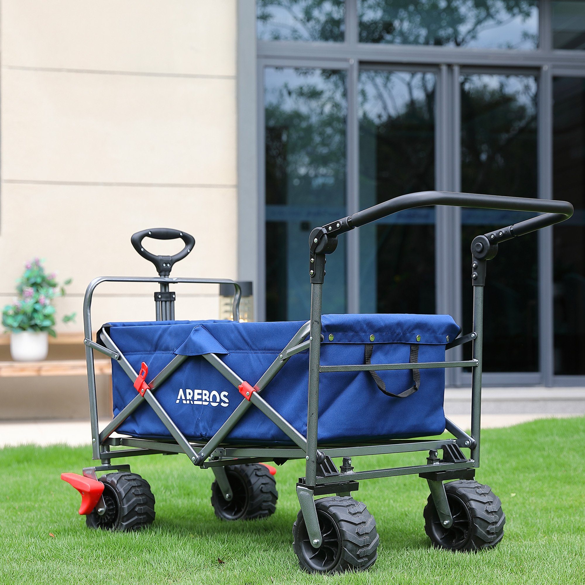 Thumbnail - Arebos Bollerwagen Faltbarer Handwagen mit Dach – Transportkarre für Garten & Freizeit, PU-Räder und verstellbaren Griff