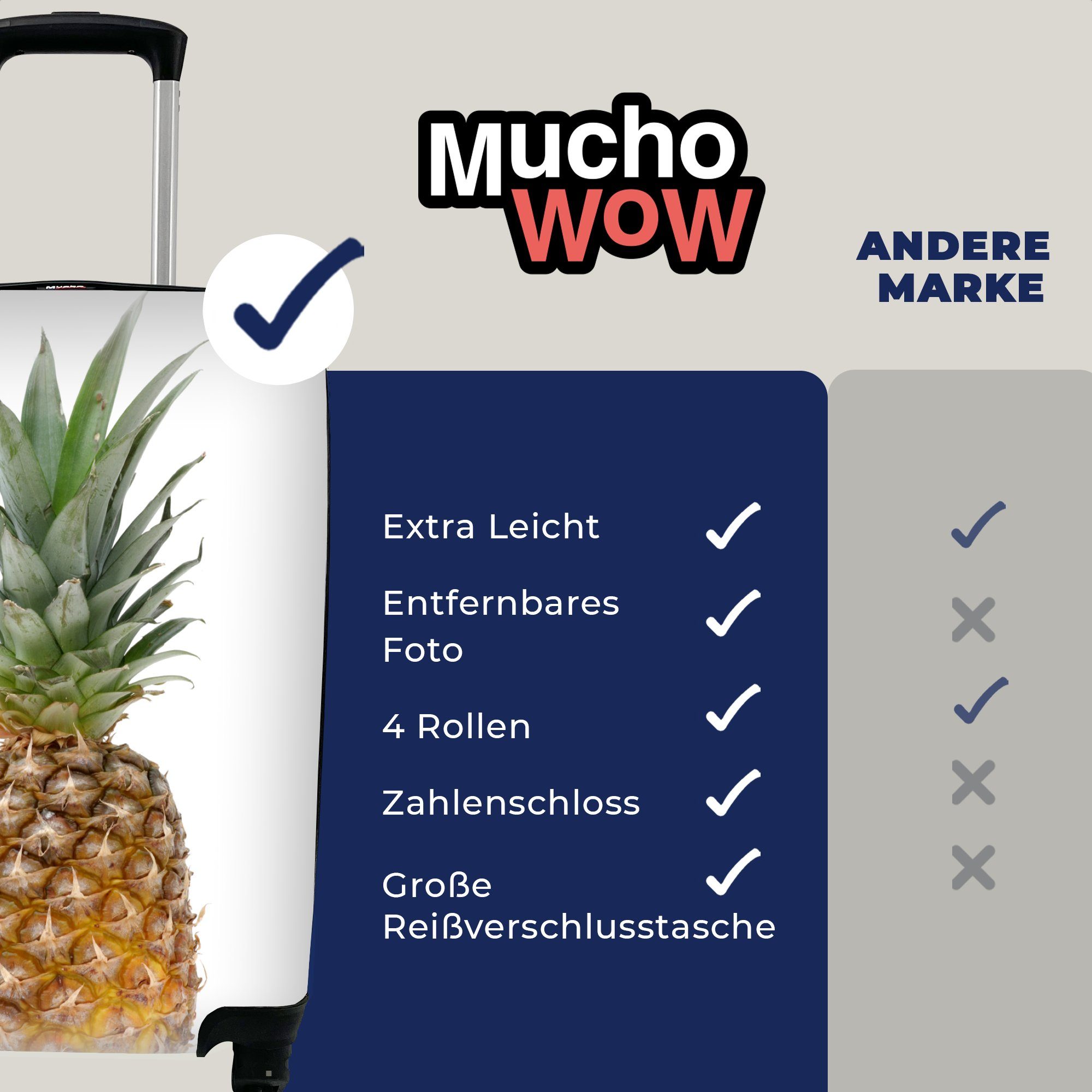 MuchoWow Handgepäckkoffer Ananas - Reisekoffer Obst für Rollen, 4 mit Trolley, rollen, - Ferien, Handgepäck Reisetasche Weiß