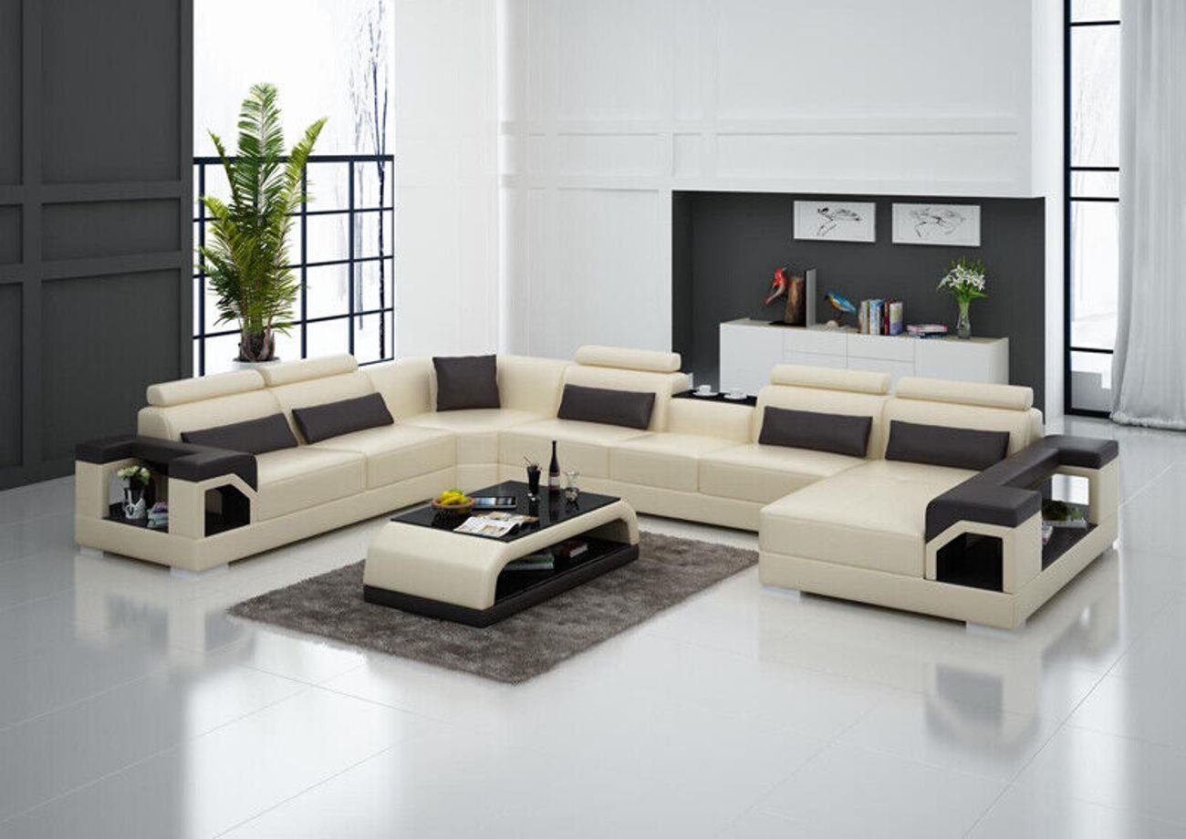 Sofa Couch Sitz Ecksofa Wohnlandschaft+Tisch+USB, Couchen Teile Eck Leder JVmoebel Moderne Beige/Schwarz 2