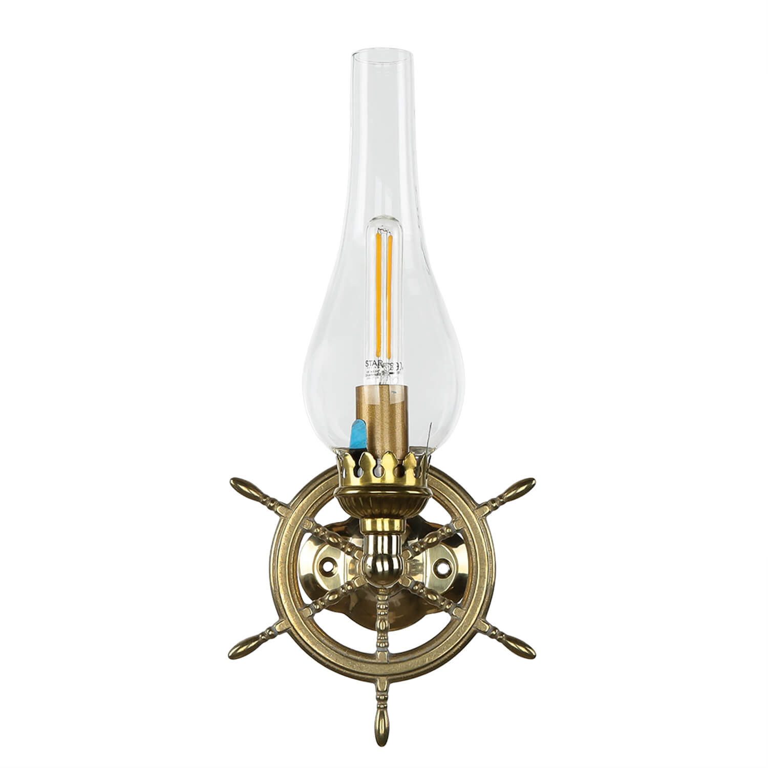 Licht-Erlebnisse Wandleuchte VOLANTE, ohne Leuchtmittel, Messing massiv Glas H: 36 cm E14 Steuerrad Maritim Badezimmerleuchte