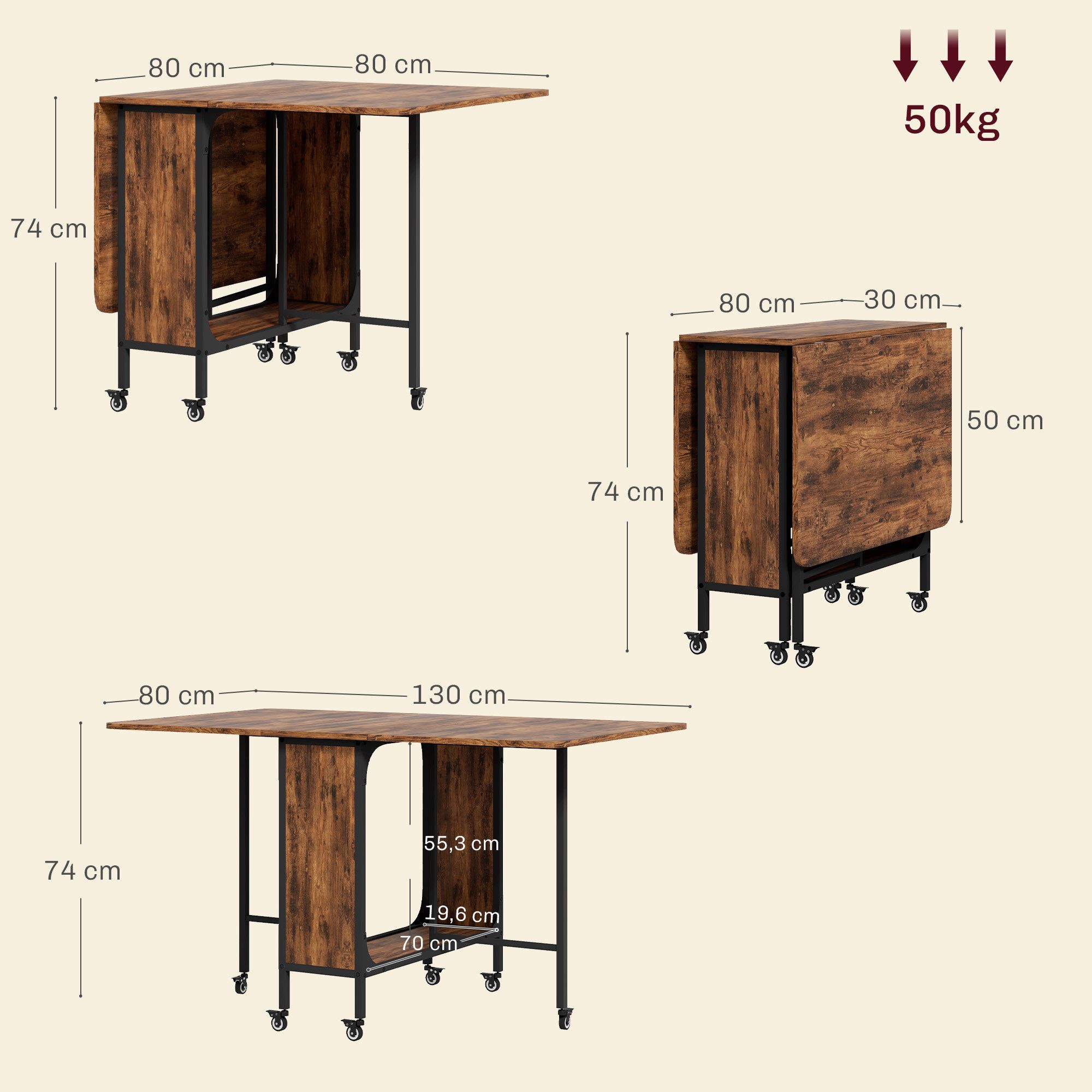 HOMCOM Klapptisch Mobiler Esszimmertisch mit offenem Regal, Holzoptik, für kleine Räume (Küchentisch, 1-St., Esstisch), für Wohnzimmer, Braun – Bild 3 von 5