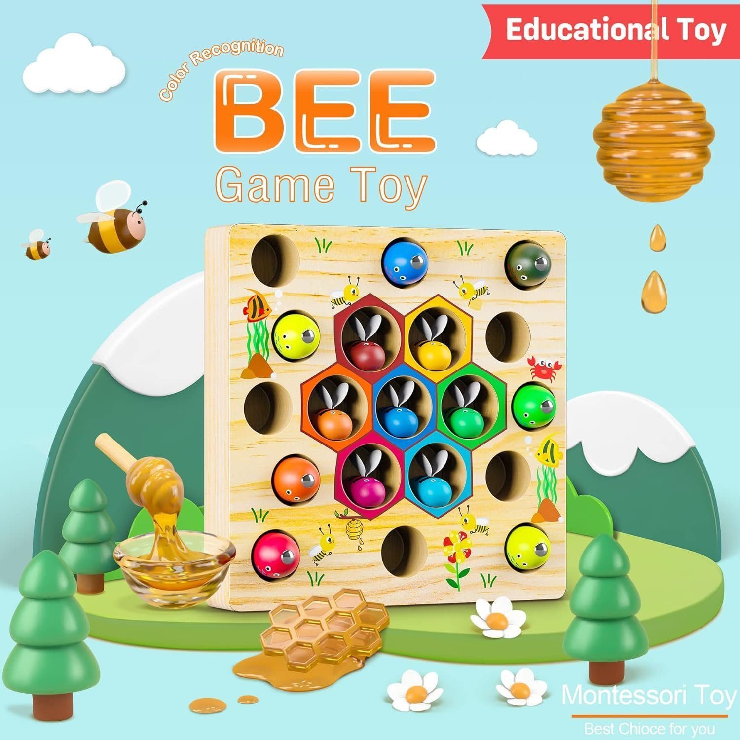 POPOLIC Lernspielzeug Magnetische Angelspiel ab 2 Jahre, Montessori Spielzeug 2 in 1 Baby (1-St., Holzspielzeug, Motorikspielzeug Fische Angeln Spiel 1 Set 2 3 4 Jahre), Mädchen Junge Geschenke für Kinder(Patentschutz)