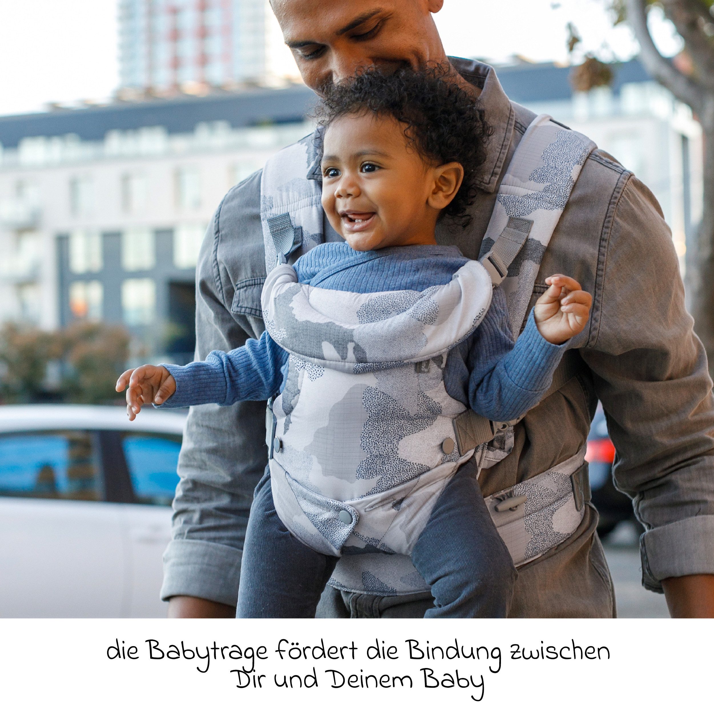 Infantino BKids Babytrage Flip Advanced - Blue Camo, Baby Bauchtrage Rückentrage ab Geburt von 3,6-14,5 kg mit Regenschutz