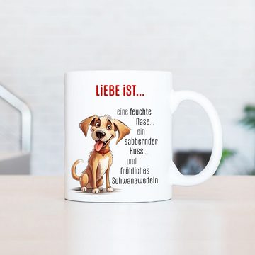 Cadouri Tasse LIEBE IST... Kaffeetasse mit Spruch - für Hundefreunde, Keramik, mit Hundespruch, beidseitig bedruckt, handgefertigt, Geschenk, 330 ml