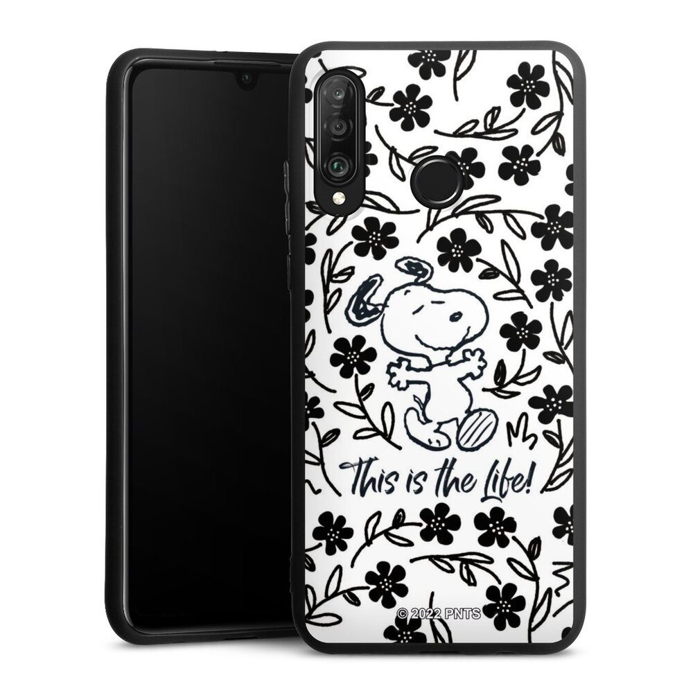 DeinDesign Handyhülle Peanuts Blumen Snoopy Snoopy Black and White This Is The Life, Huawei P30 Lite Premium Silikon Hülle Premium Case Handy Schutzhülle