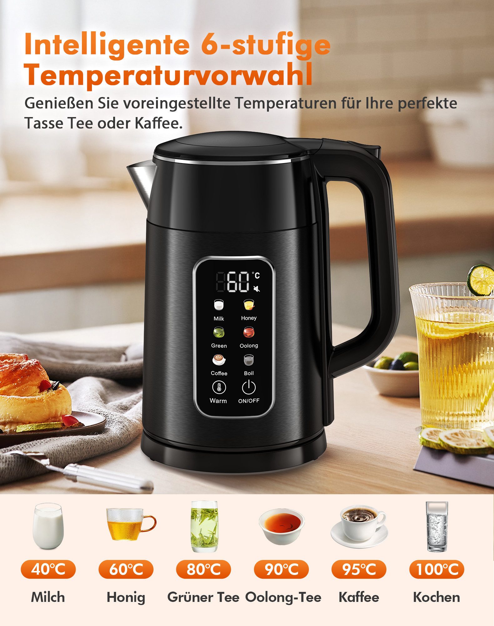 Fofile Wasserkocher 1,7L 2200W Edelstahl Wasserkocher mit Temperatureinstellung, 2200 W, 40°-100°C einstellbar, 2 Stunden Warmhaltefunktion