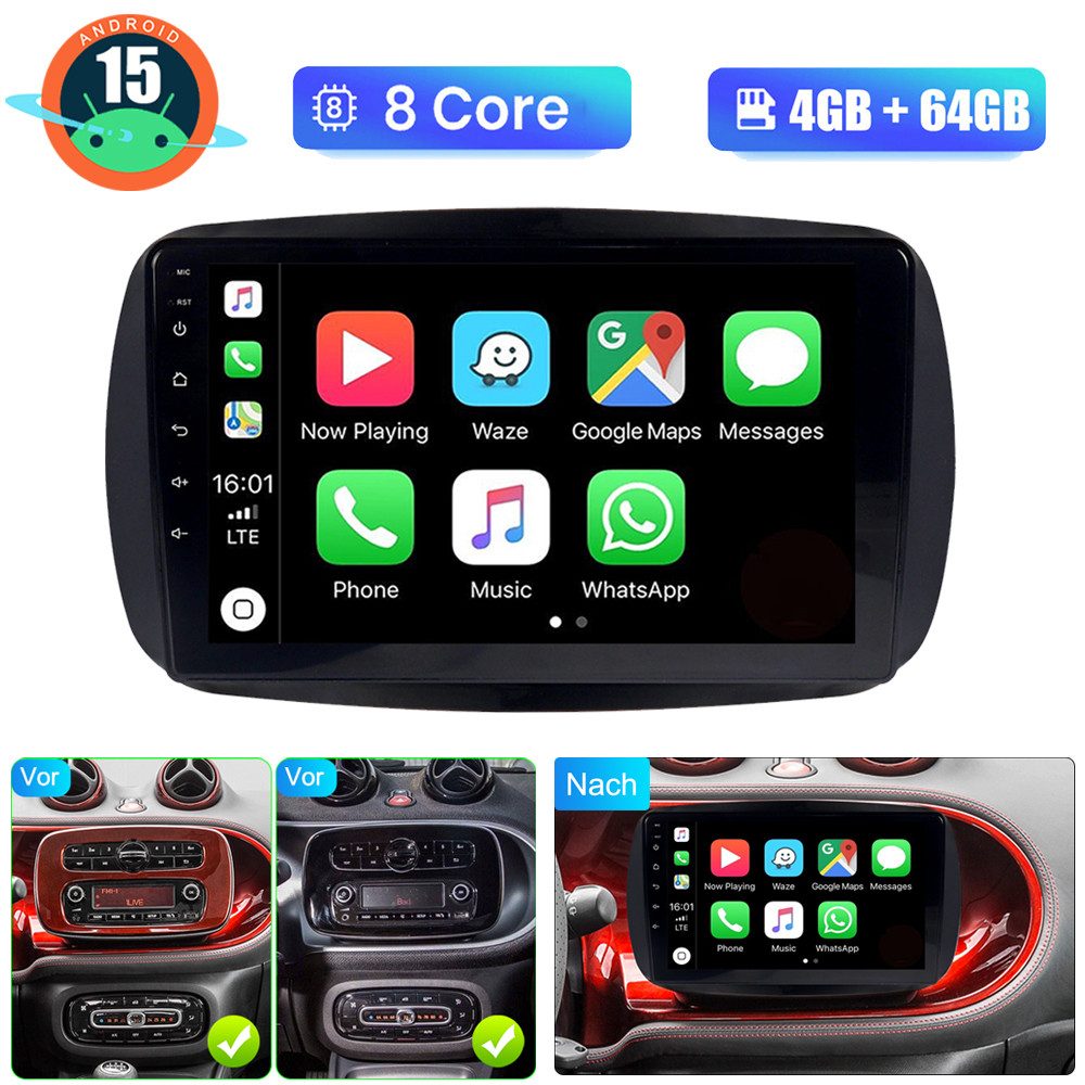 A-Sure 4+64G Android 15 Carplay BT 5.0 GPS Navi Für Smart Fortwo 453 Low-end Autoradio (Digitalradio (DAB), FM, AM, RDS, DSP, 1280*800 IPS Screen/8-Core CPU)