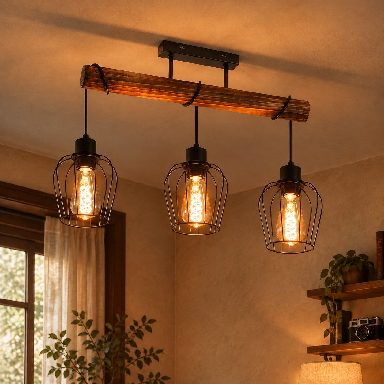 Nettlife Deckenleuchte 3-flammig,Industrial Retro Deckenlampe aus Holz und Metall,E27,Schwarz, ohne Leuchtmittel, Flur Wohnzimmer …