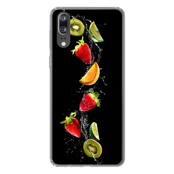 MuchoWow Handyhülle Obst - Wasser - Schwarz - Stillleben Erdbeere - Kiwi Handyhülle Huawei P20 Handy Case Silikon Bumper Case