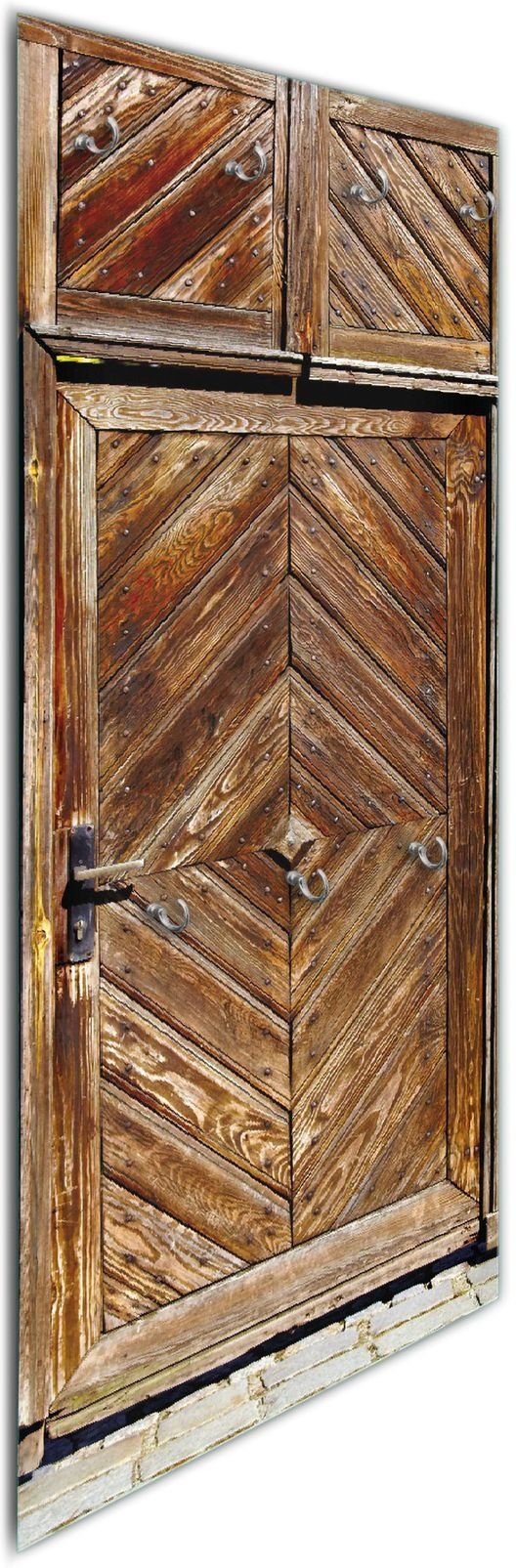 Wallario Wandgarderobe Alte Holztür mit diagonalem Muster (1-teilig, inkl. Haken und Befestigungsset), 50x125cm, aus ESG-Sicherheitsglas
