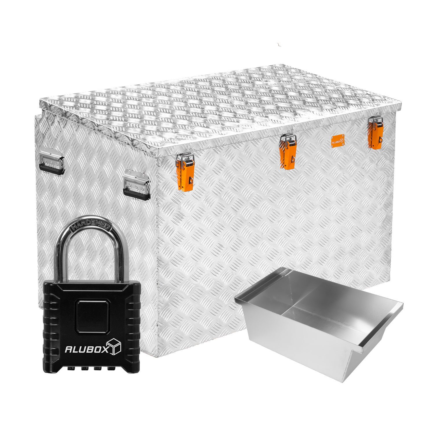 ALUBOX Aufbewahrungsbox Aluminium Riffelblech Pritschenbox, inklusive Einsatzfach und Vorhängezahlenschloss - korrosionsbeständig