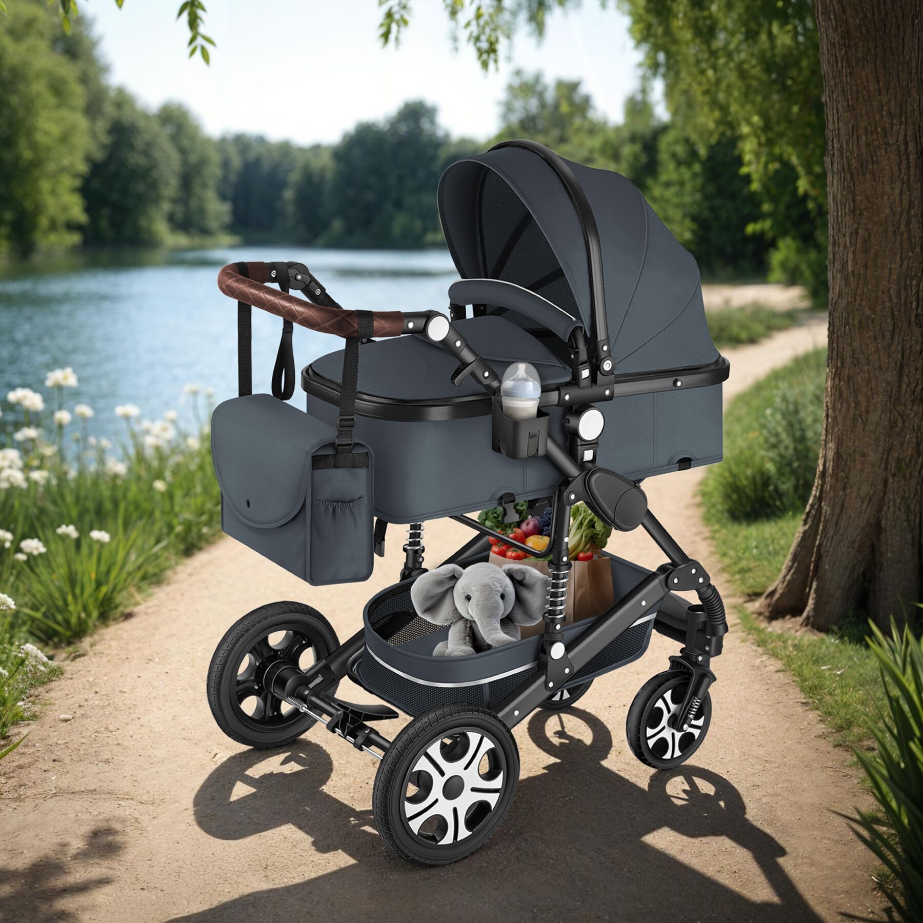 tectake Kombi-Kinderwagen 2-in-1 Kinderwagen, 0–36 Monate, bis 15 kg, klappbar, 5-Punkt-Gurt, (Babywagen Mats), Alurahmen, Bremse, Schutzbügel, Verdeck, Fußsack, Korb, Regenhaube