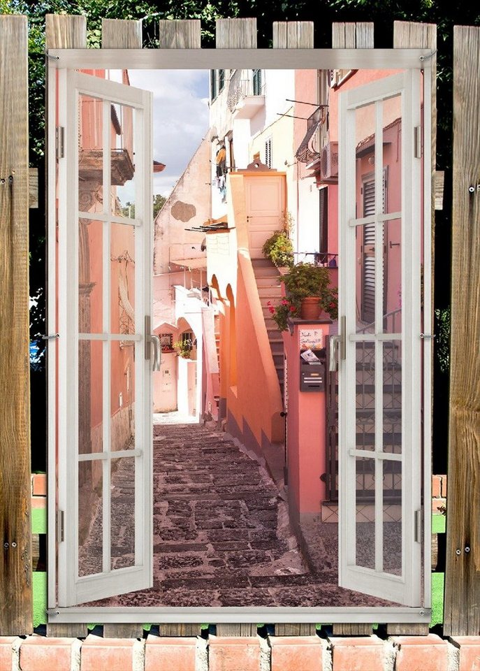 Thumbnail - Wallario Sichtschutzzaunmatten Südländische Gasse- Italien bei Sonnenschein, mit Fenster-Illusion