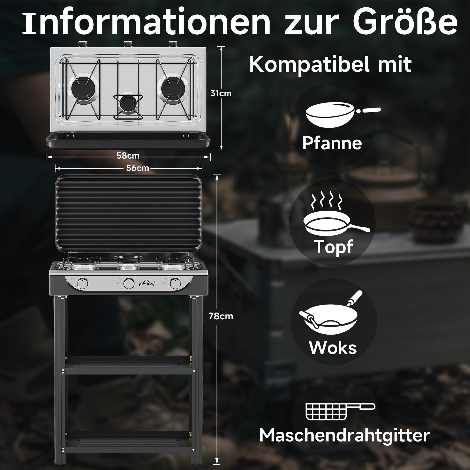 HOMELUX Gaskocher Campingkocher, 3/4/5 Flammig Gasherd Kochfeld, Campingkocher mit 1,5M Anschlussschlauch und Druckminderer 50 mbar