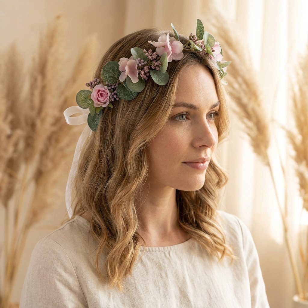 H-basics Stirnband Blumenkranz Boho Kunstblumen Hochzeit Festival Kunstblumen in natürlicher Optik
