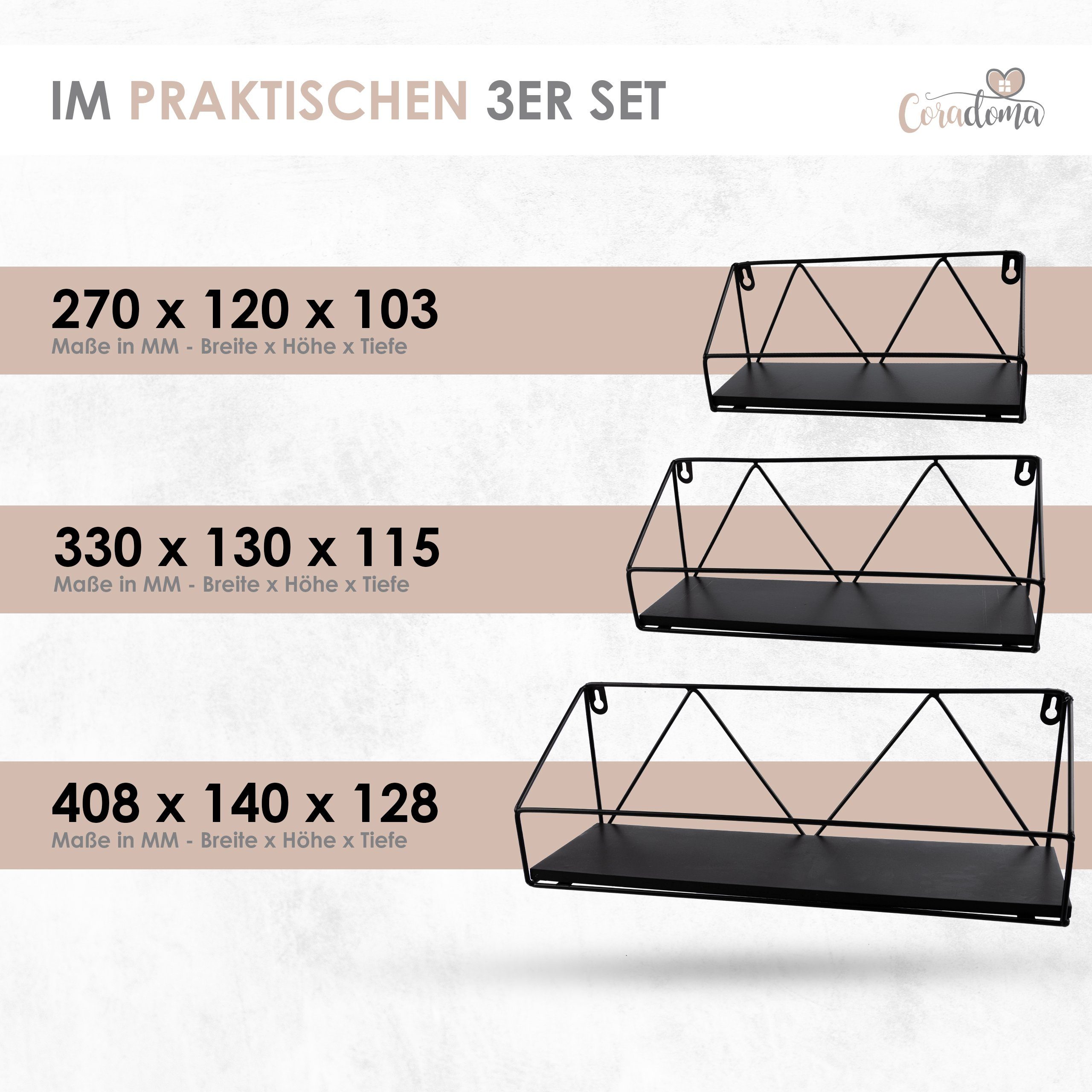 Coradoma Deko-Wandregal 3er Set Ablageflächen Metall Gewürzregal mit 3-tlg., Schwarz Hängeregal Schweberegal