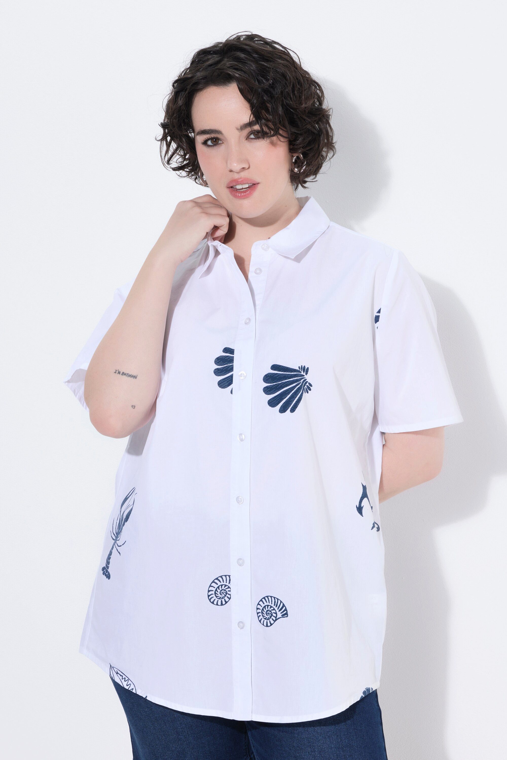 Ulla Popken Longbluse Bluse maritime Motive A-Linie Hemdkragen Halbarm