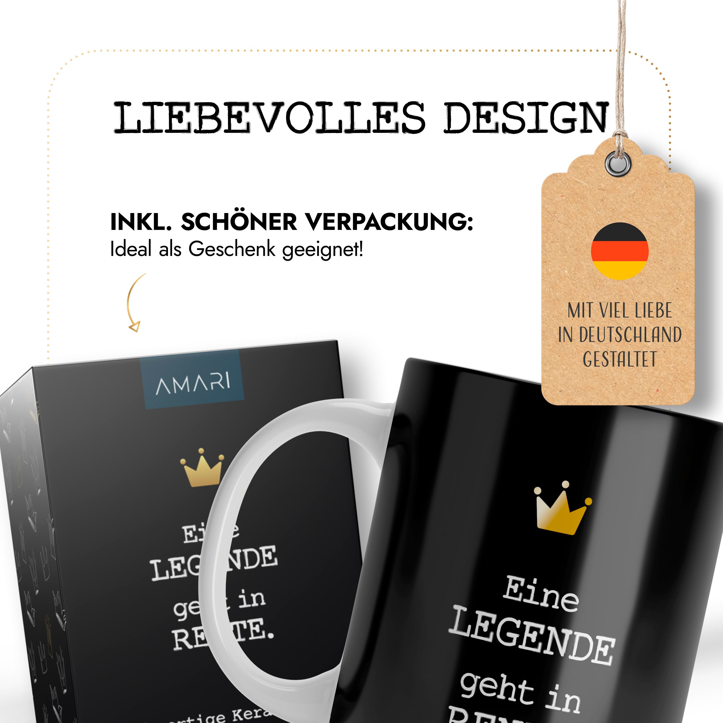 Amari Tasse Eine Legende geht in Rente Spruch Gold, Geschenk Ruhestand Rentner, Keramik, Kaffeetasse Bürotasse 330 ml Geschenkbox Abschied Pensionierung – Bild 4 von 5