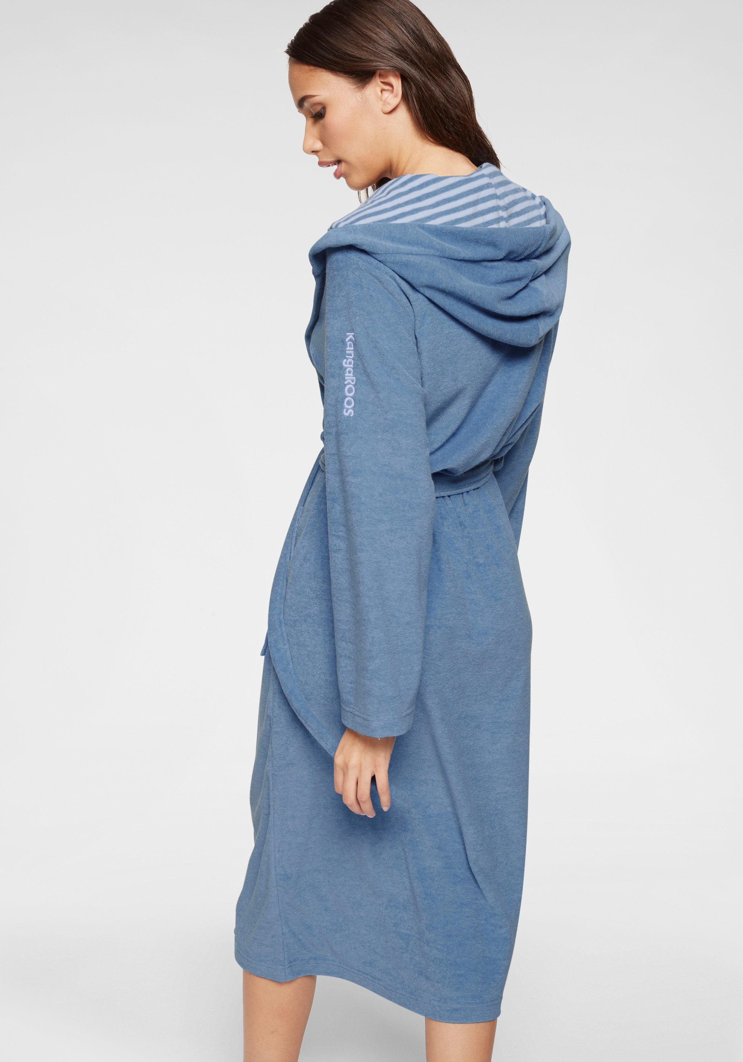 KangaROOS Damenbademantel Dalia, ideal für Sauna & Spa, Standardlänge & Überlänge, Langform, Leichtfrottier, Kapuze, Gürtel, Uni-Farben mit Streifen, Taschen, leicht, XS-3XL, auch in extra lang